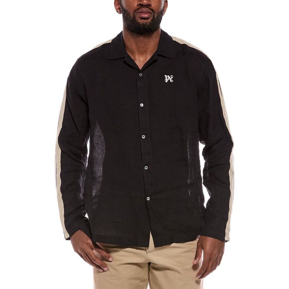 Palm Angels Mens  Woven Linen Shirt, Black